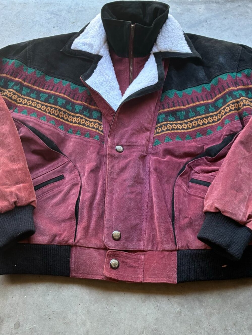 Vintage 90s Scorpio USA Southwestern Aztec Leather Jacket Sherpa Collar XL